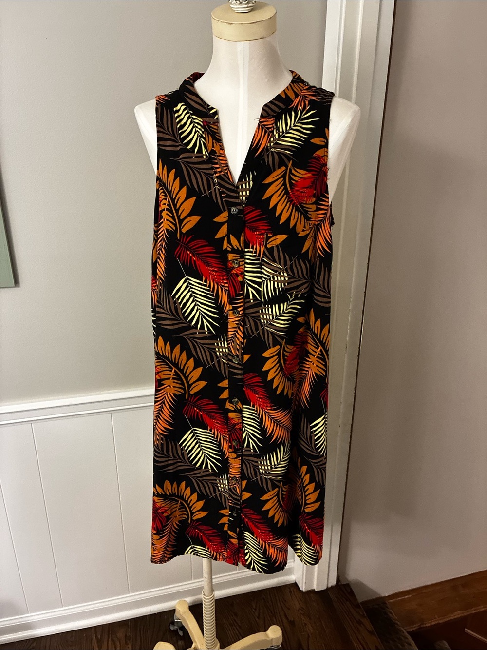 Justify Black Tropical Print Button Front Mini Dress with Orange & Tan Leaves